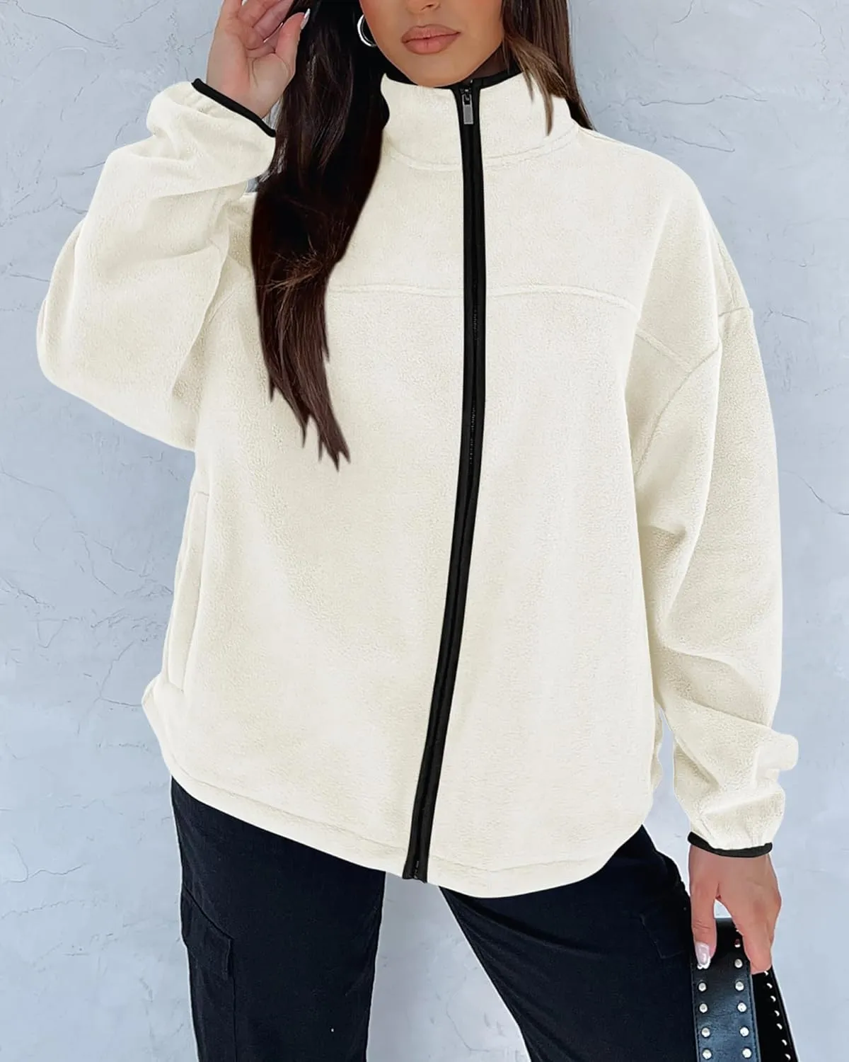 BTFBM Women's Zip Up Fleece Jackets Stand Collar 2024 Fall Winter Outerwear Casual Fuzzy Coats with Pockets