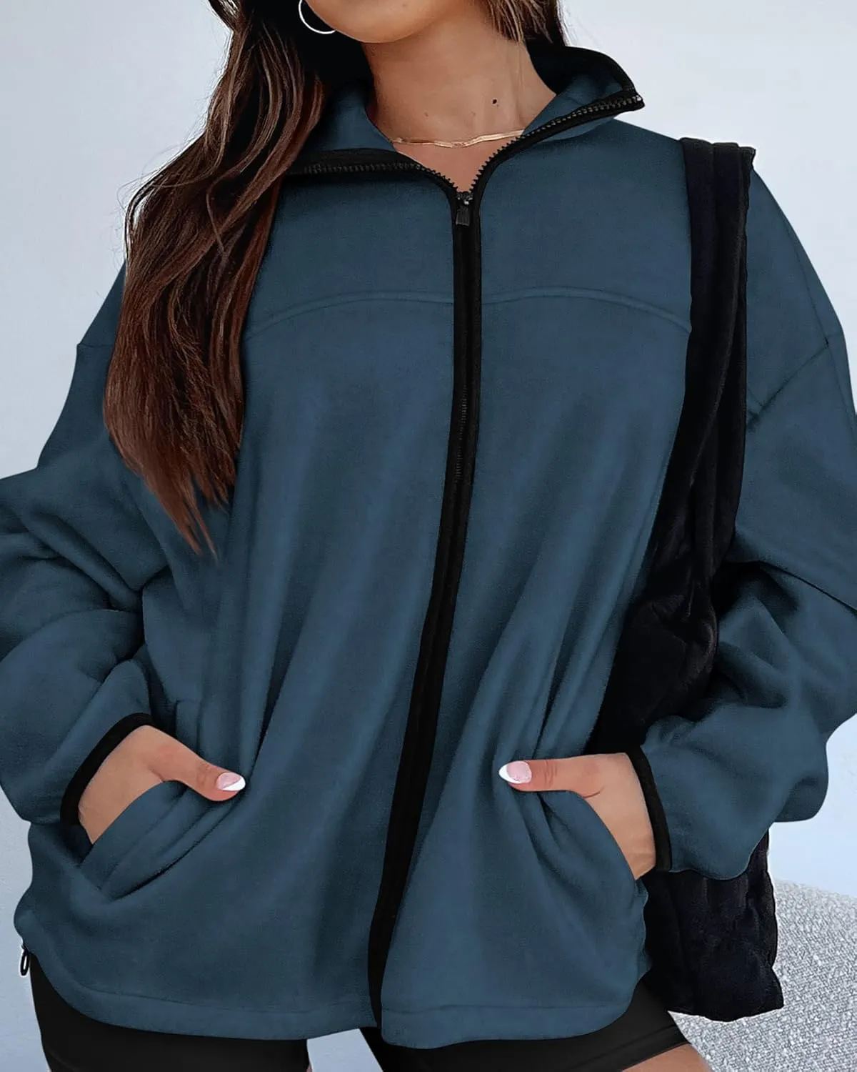 BTFBM Women's Zip Up Fleece Jackets Stand Collar 2024 Fall Winter Outerwear Casual Fuzzy Coats with Pockets