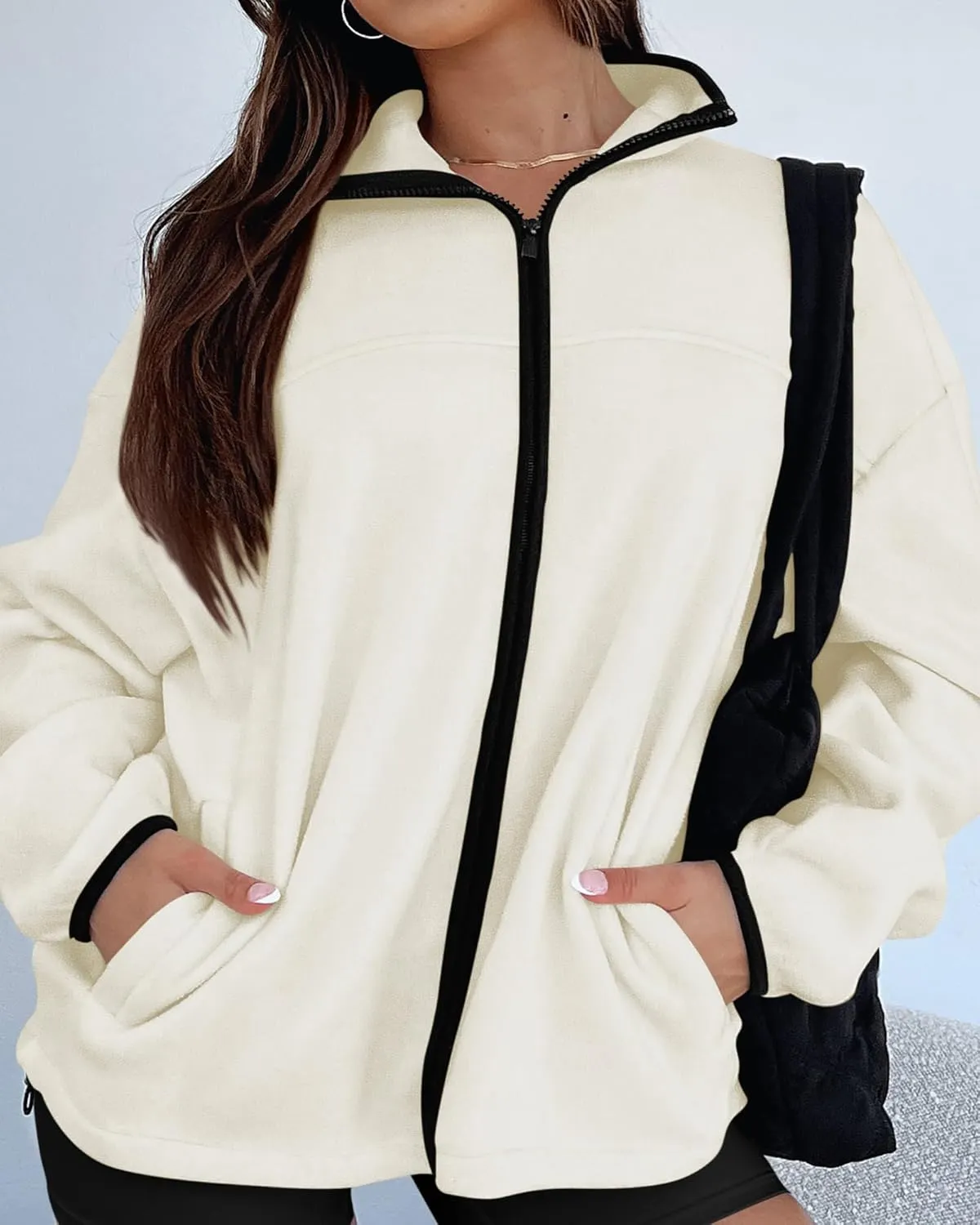 BTFBM Women's Zip Up Fleece Jackets Stand Collar 2024 Fall Winter Outerwear Casual Fuzzy Coats with Pockets