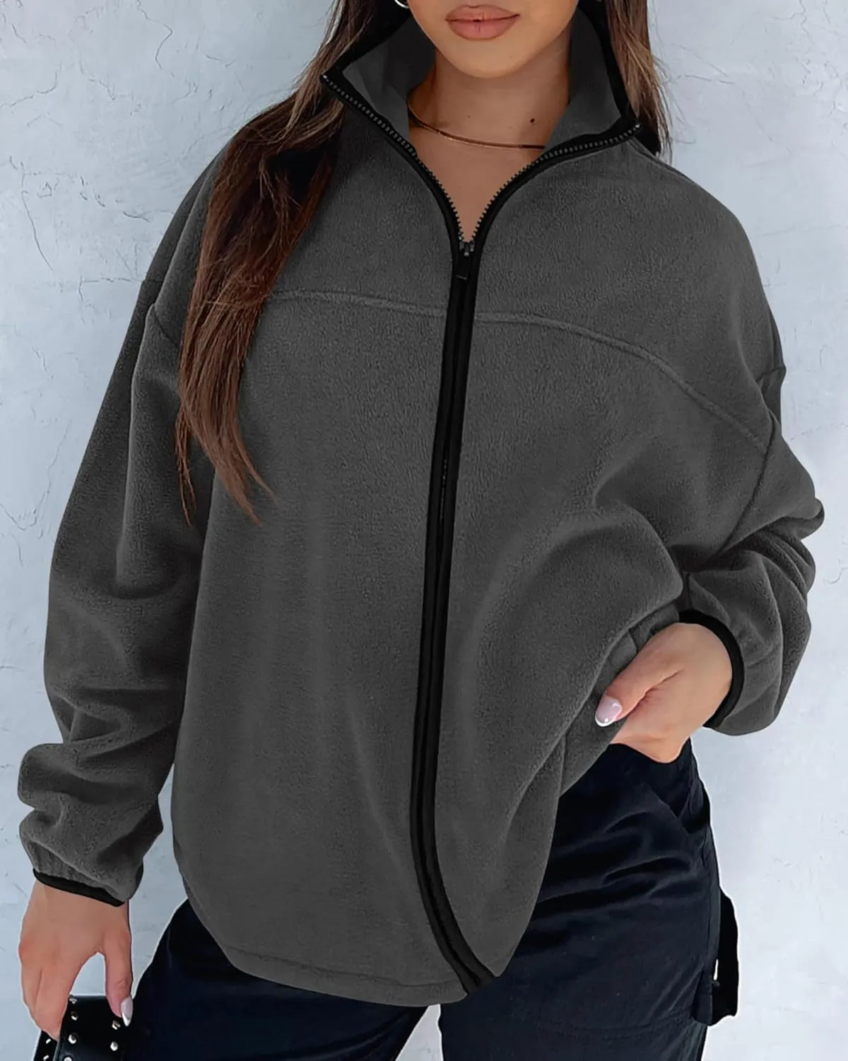 BTFBM Women's Zip Up Fleece Jackets Stand Collar 2024 Fall Winter Outerwear Casual Fuzzy Coats with Pockets