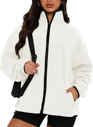 BTFBM Women's Zip Up Fleece Jackets Stand Collar 2024 Fall Winter Outerwear Casual Fuzzy Coats with Pockets