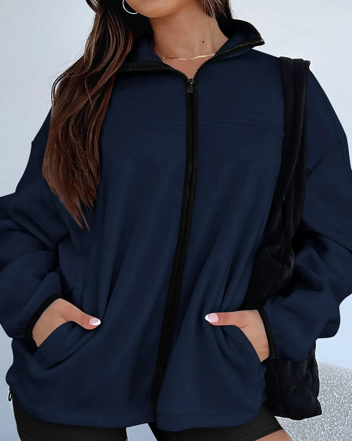 BTFBM Women's Zip Up Fleece Jackets Stand Collar 2024 Fall Winter Outerwear Casual Fuzzy Coats with Pockets