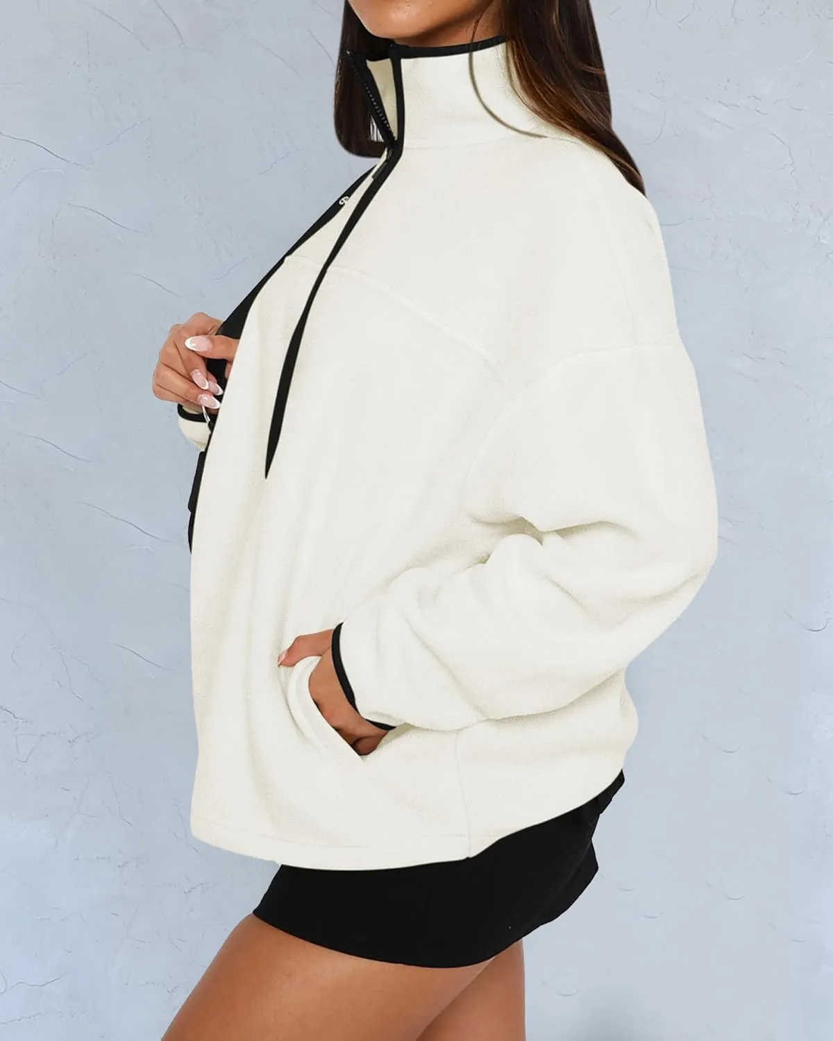 BTFBM Women's Zip Up Fleece Jackets Stand Collar 2024 Fall Winter Outerwear Casual Fuzzy Coats with Pockets