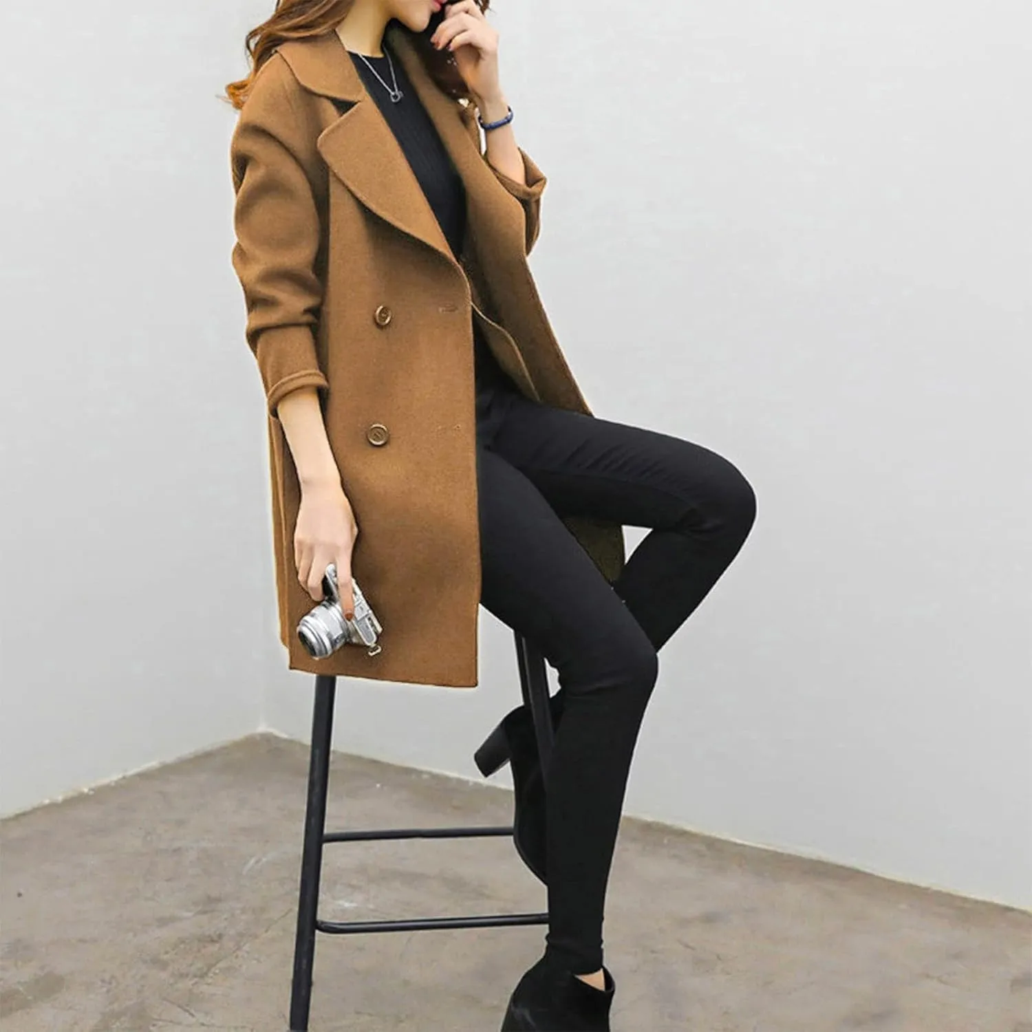 BZGTZT Women's Sexy Trench Coat Winter Wool Blend Notch Lapel Double Breasted Cardigans Mid-Length Cardigans Jacket Coats