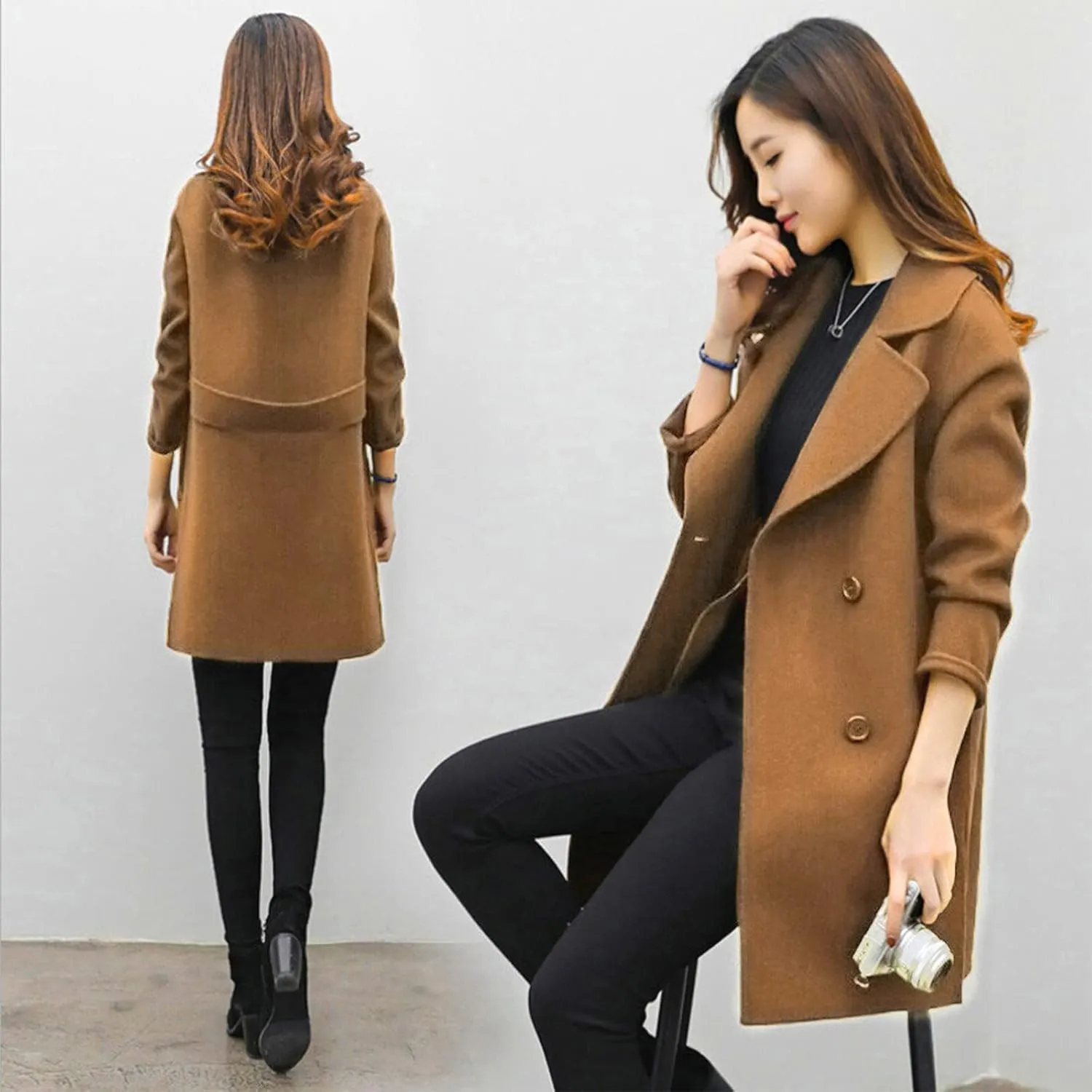 BZGTZT Women's Sexy Trench Coat Winter Wool Blend Notch Lapel Double Breasted Cardigans Mid-Length Cardigans Jacket Coats