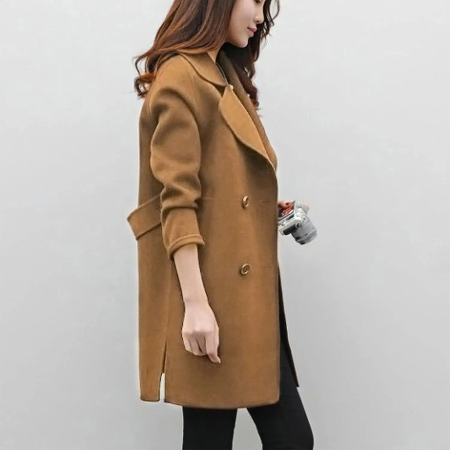 BZGTZT Women's Sexy Trench Coat Winter Wool Blend Notch Lapel Double Breasted Cardigans Mid-Length Cardigans Jacket Coats