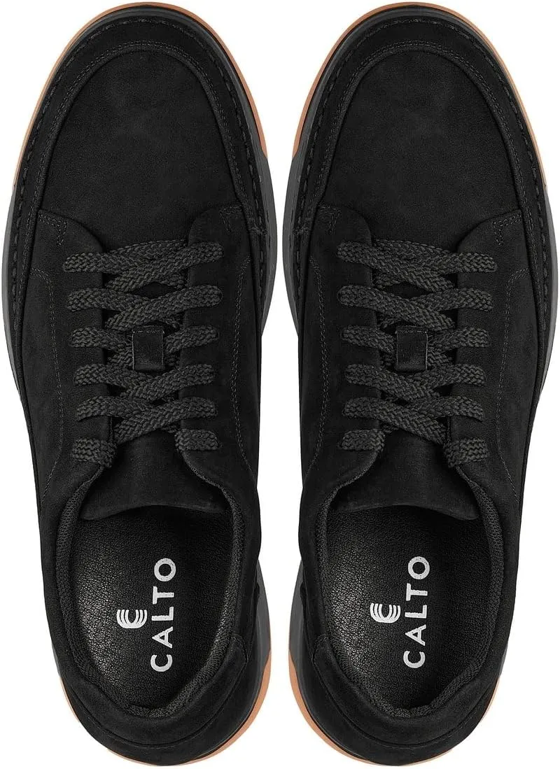 CALTO Men's Invisible Height Increasing Elevator Shoes - Noir Suede/Black & Gum Sole Premium Suede Leather Lace-up Fashion Sneakers - 2.6 Inches Taller - Y7933 - Size 10 D(M) US