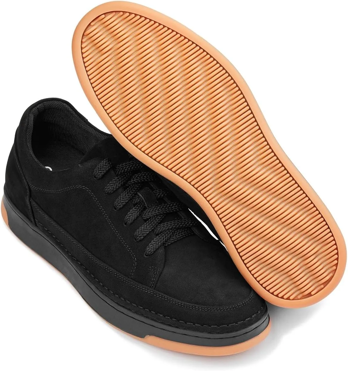 CALTO Men's Invisible Height Increasing Elevator Shoes - Noir Suede/Black & Gum Sole Premium Suede Leather Lace-up Fashion Sneakers - 2.6 Inches Taller - Y7933 - Size 10 D(M) US