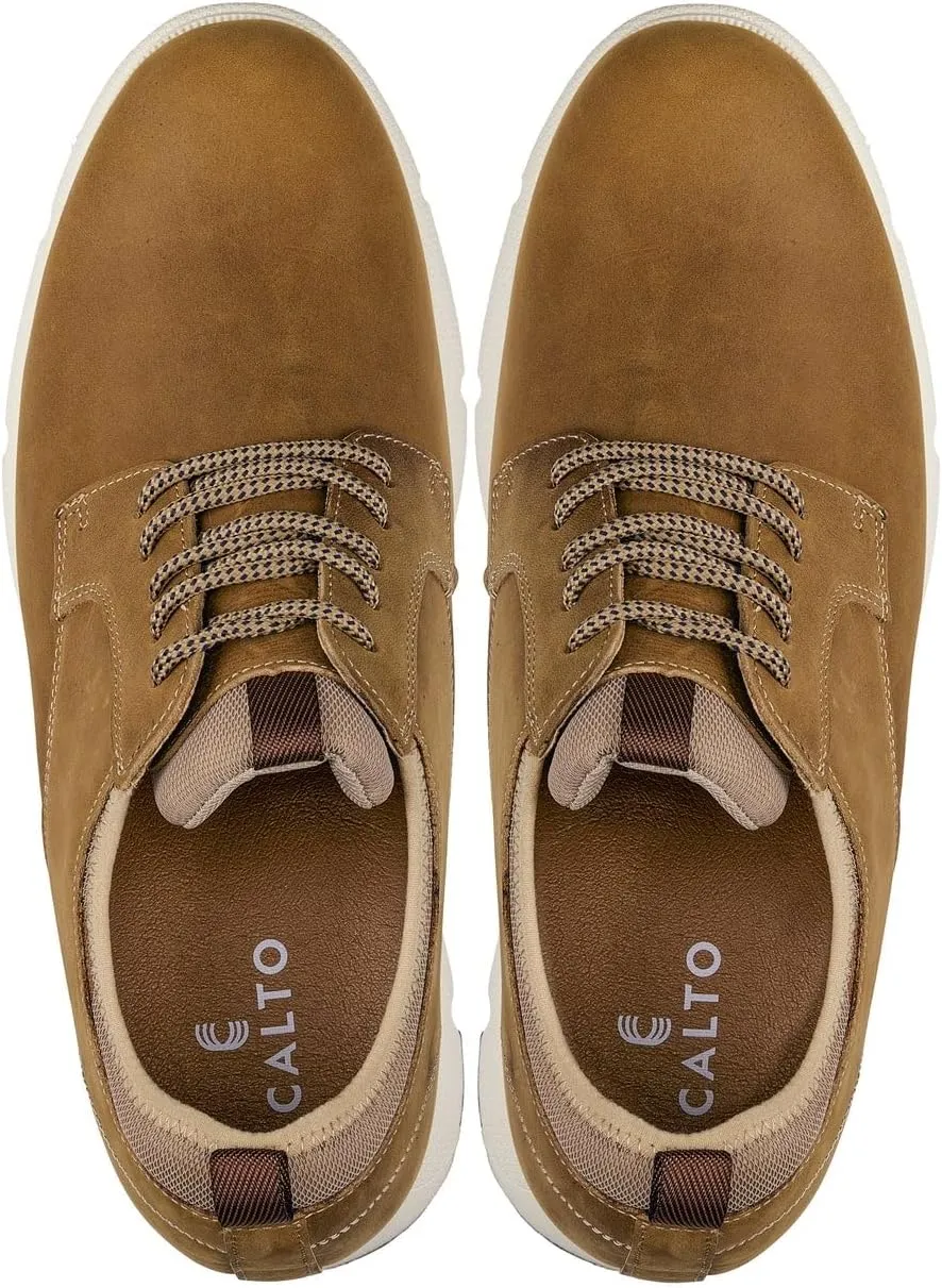 CALTO Men's Invisible Height Increasing Elevator Shoes - Tan Brown Lace-up Premium Leather Casual Derby - 3.3 Inches Taller - J1200 - Size 10 D(M) US