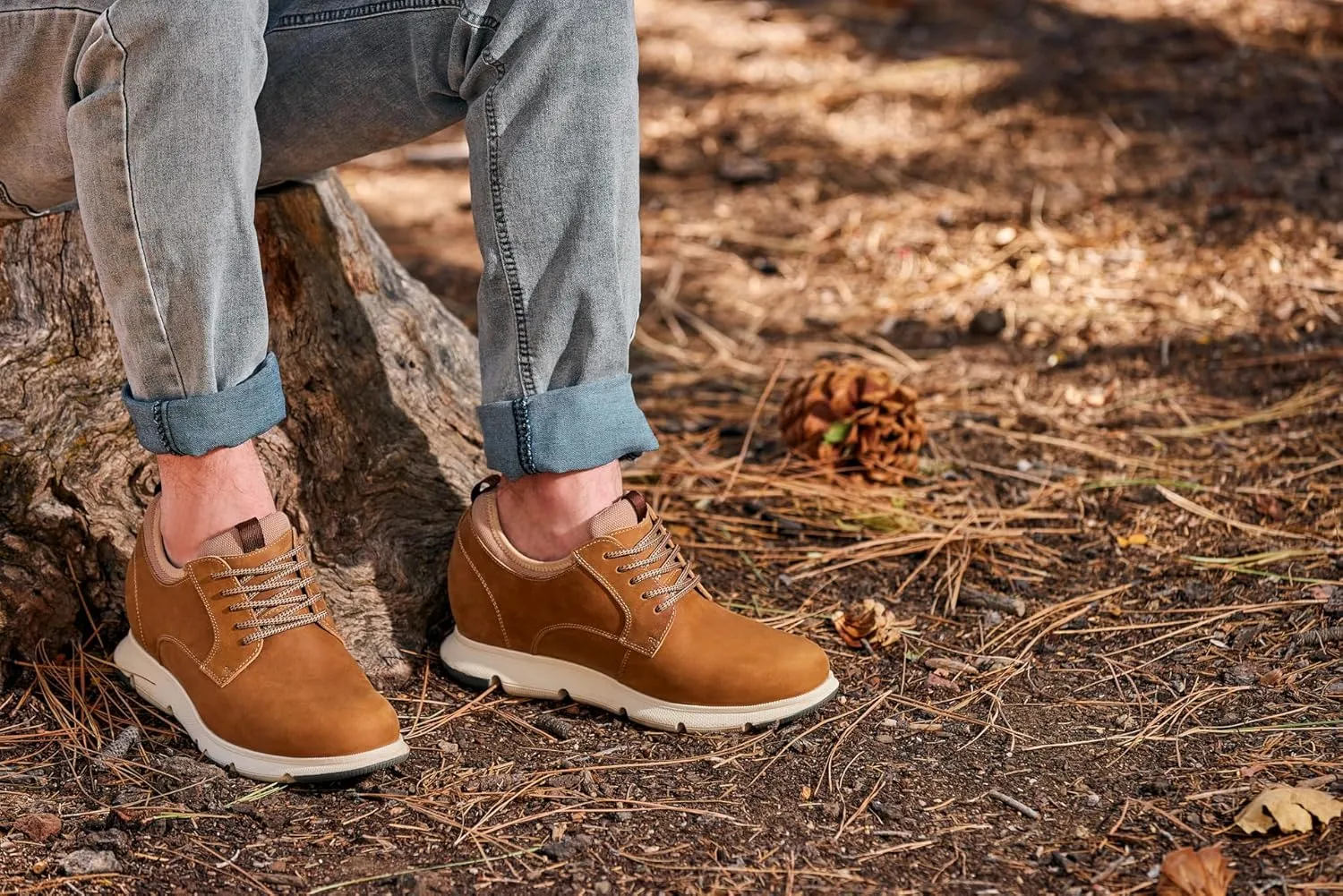 CALTO Men's Invisible Height Increasing Elevator Shoes - Tan Brown Lace-up Premium Leather Casual Derby - 3.3 Inches Taller - J1200 - Size 10 D(M) US