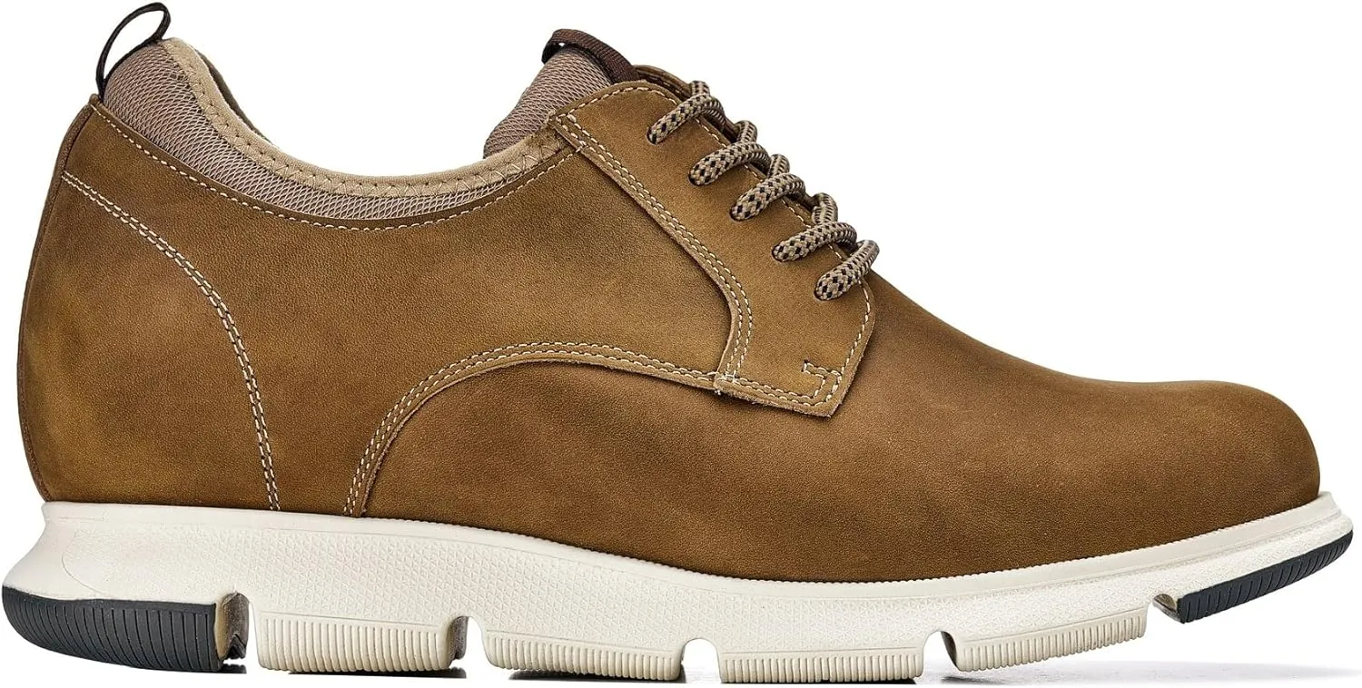 CALTO Men's Invisible Height Increasing Elevator Shoes - Tan Brown Lace-up Premium Leather Casual Derby - 3.3 Inches Taller - J1200 - Size 10 D(M) US