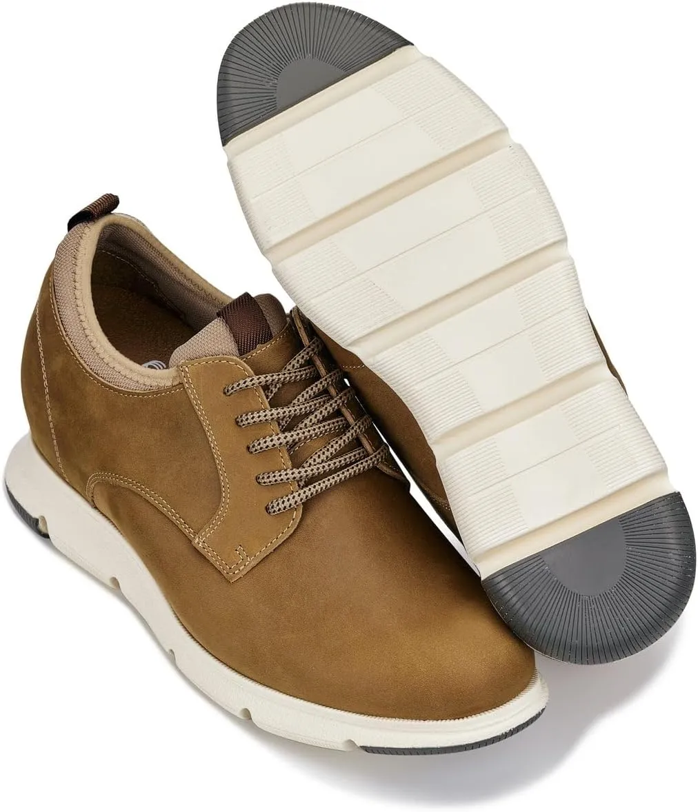 CALTO Men's Invisible Height Increasing Elevator Shoes - Tan Brown Lace-up Premium Leather Casual Derby - 3.3 Inches Taller - J1200 - Size 10 D(M) US