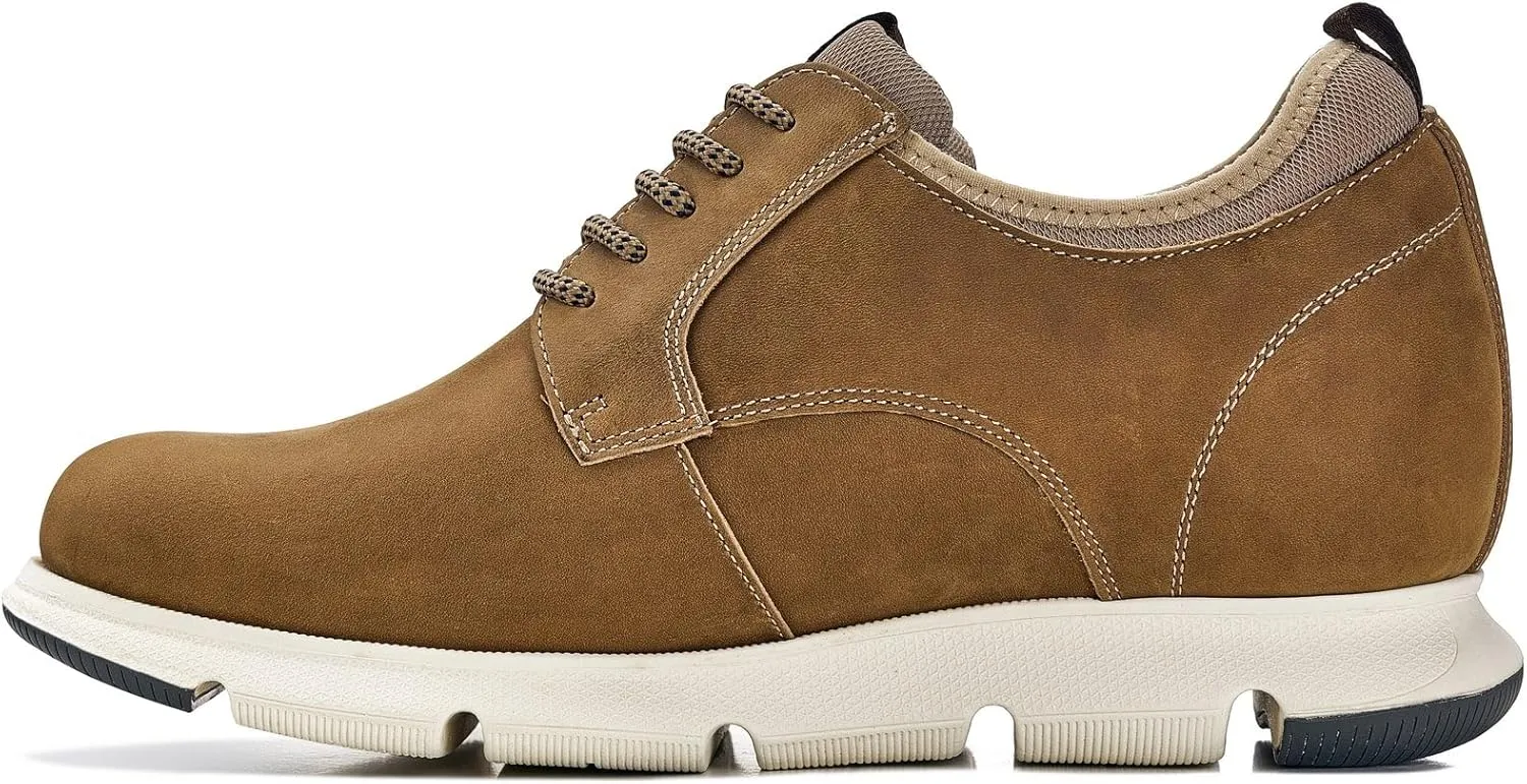 CALTO Men's Invisible Height Increasing Elevator Shoes - Tan Brown Lace-up Premium Leather Casual Derby - 3.3 Inches Taller - J1200 - Size 10 D(M) US