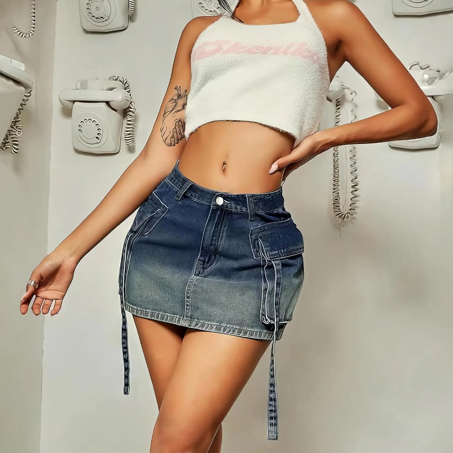 Cargo Skirt Women y2k Button Mini Jeans Skirt Denim Skirt with Pocket Low Waist