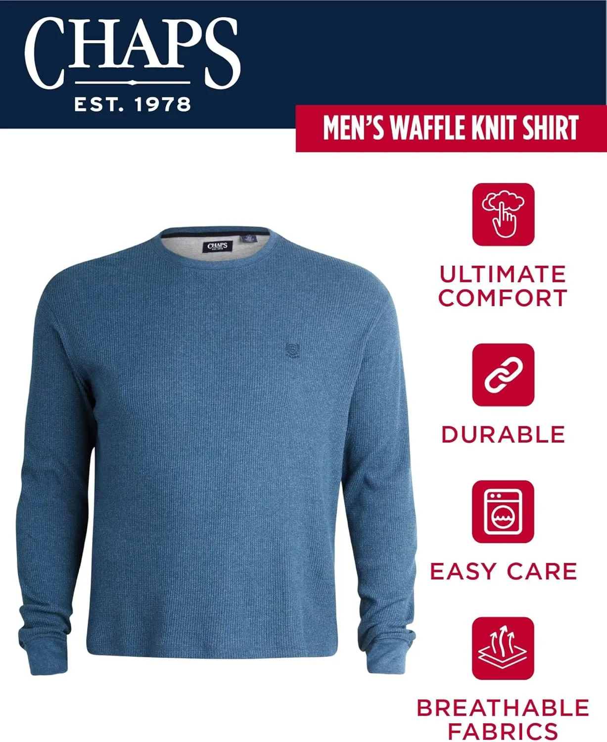 Chaps Men's Long Sleeve Shirt - Casual Thermal Crewneck Shirt - Waffle Knit Shirt for Men (M-XXL)