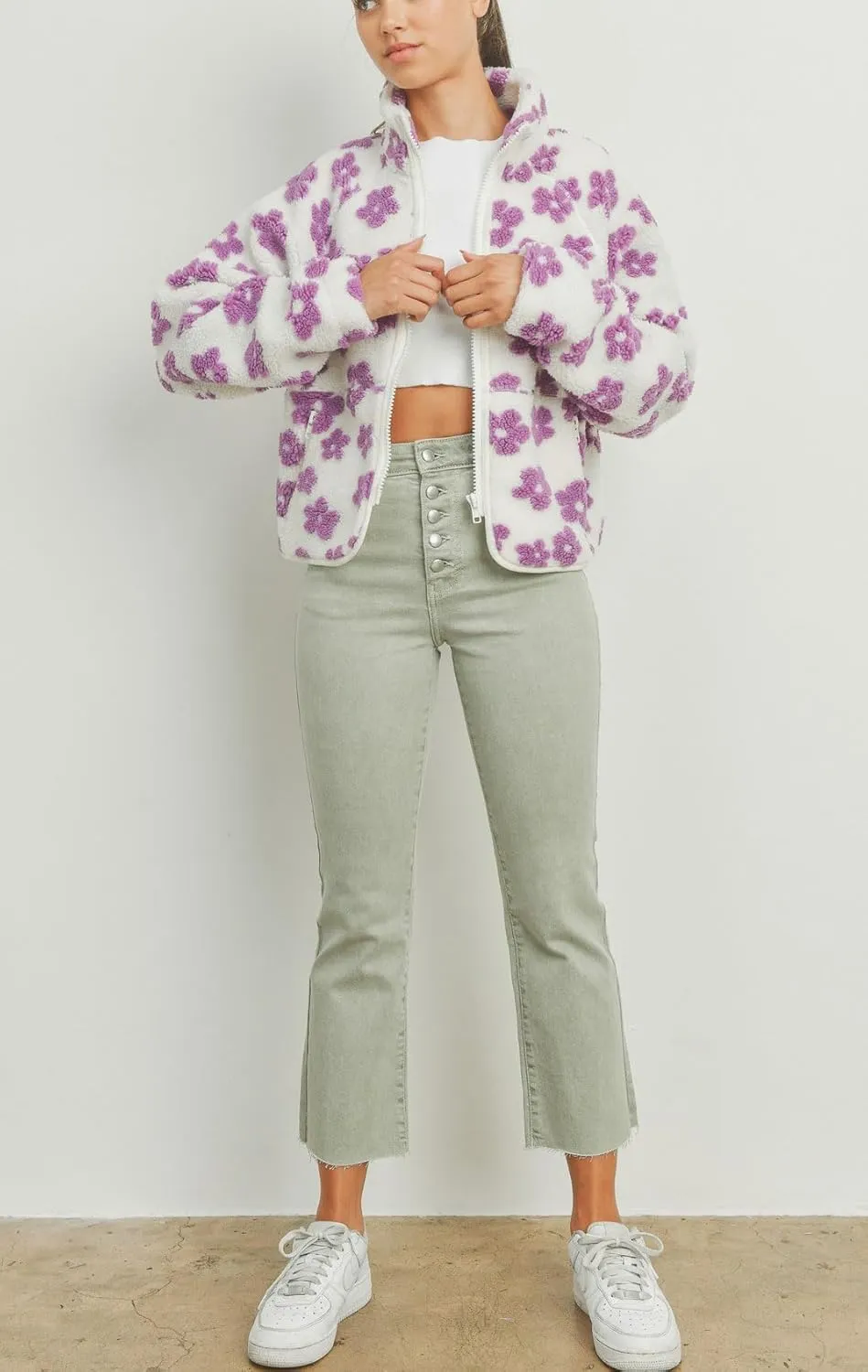 chouyatou Women's Fall Winter Casual Cute Floral Fleece Jacket Fuzzy Zip Up Sherpa Jacket Faux Fur Coat