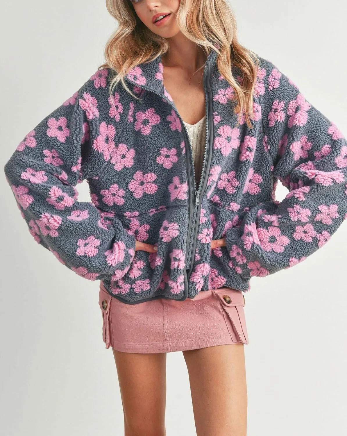 chouyatou Women's Fall Winter Casual Cute Floral Fleece Jacket Fuzzy Zip Up Sherpa Jacket Faux Fur Coat