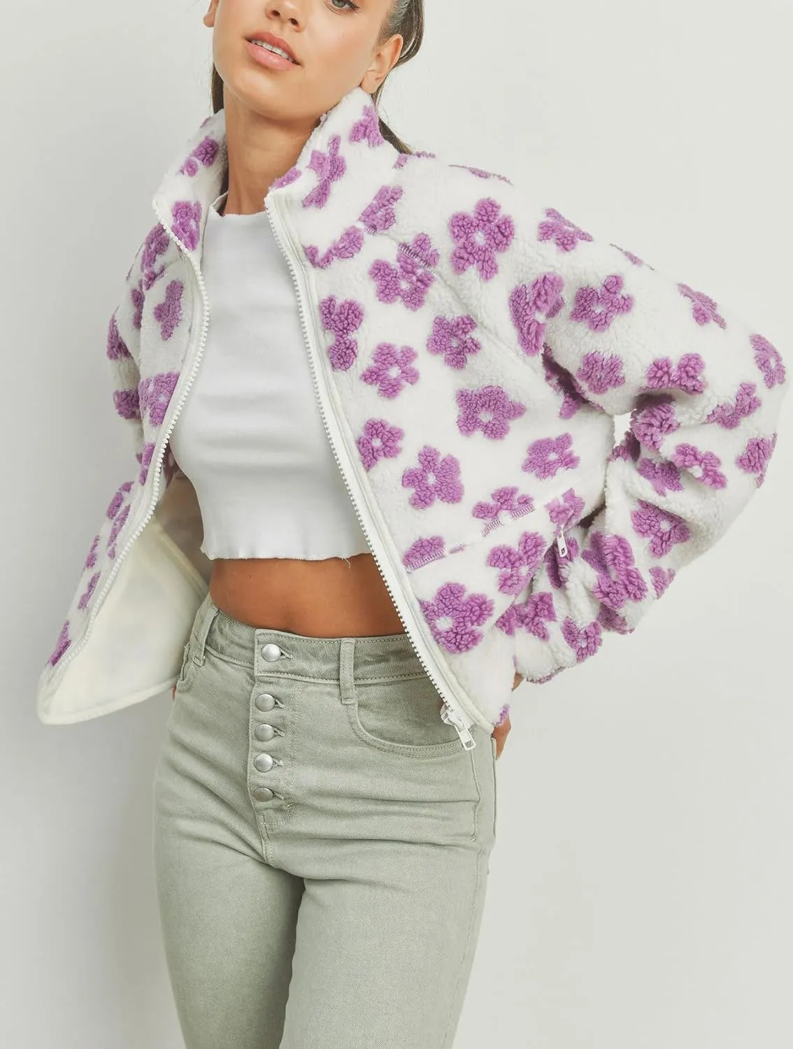 chouyatou Women's Fall Winter Casual Cute Floral Fleece Jacket Fuzzy Zip Up Sherpa Jacket Faux Fur Coat