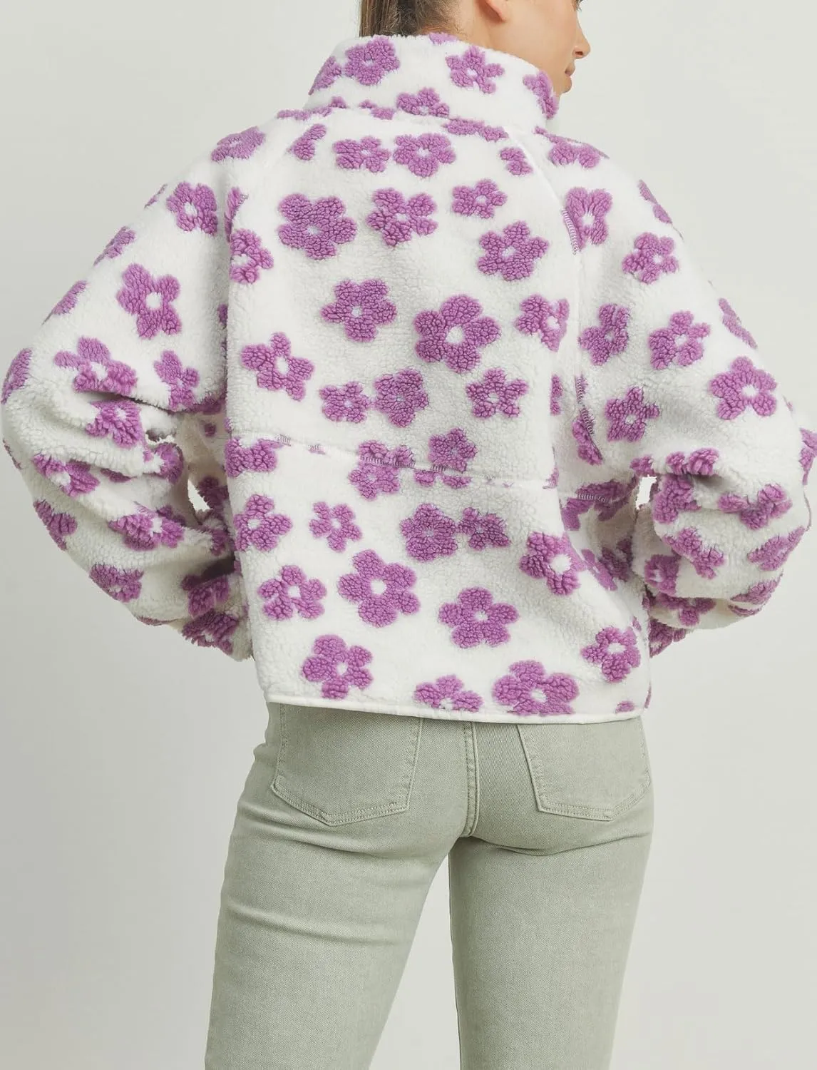 chouyatou Women's Fall Winter Casual Cute Floral Fleece Jacket Fuzzy Zip Up Sherpa Jacket Faux Fur Coat