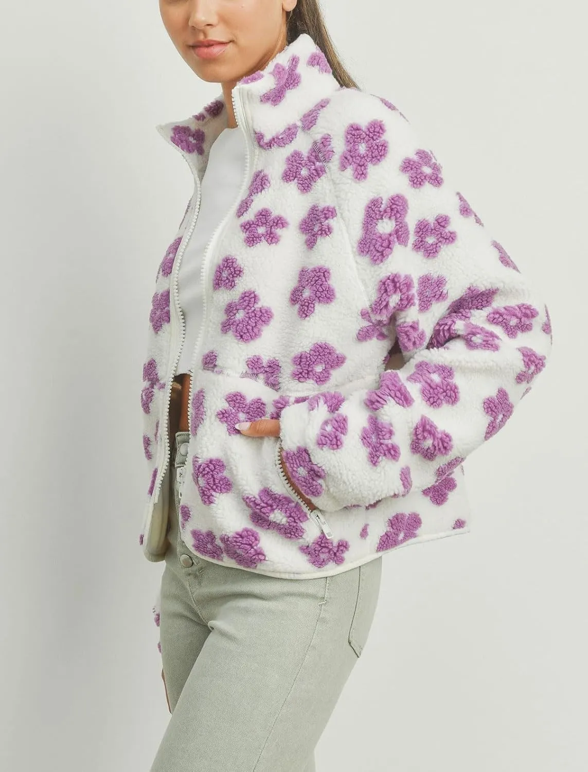 chouyatou Women's Fall Winter Casual Cute Floral Fleece Jacket Fuzzy Zip Up Sherpa Jacket Faux Fur Coat