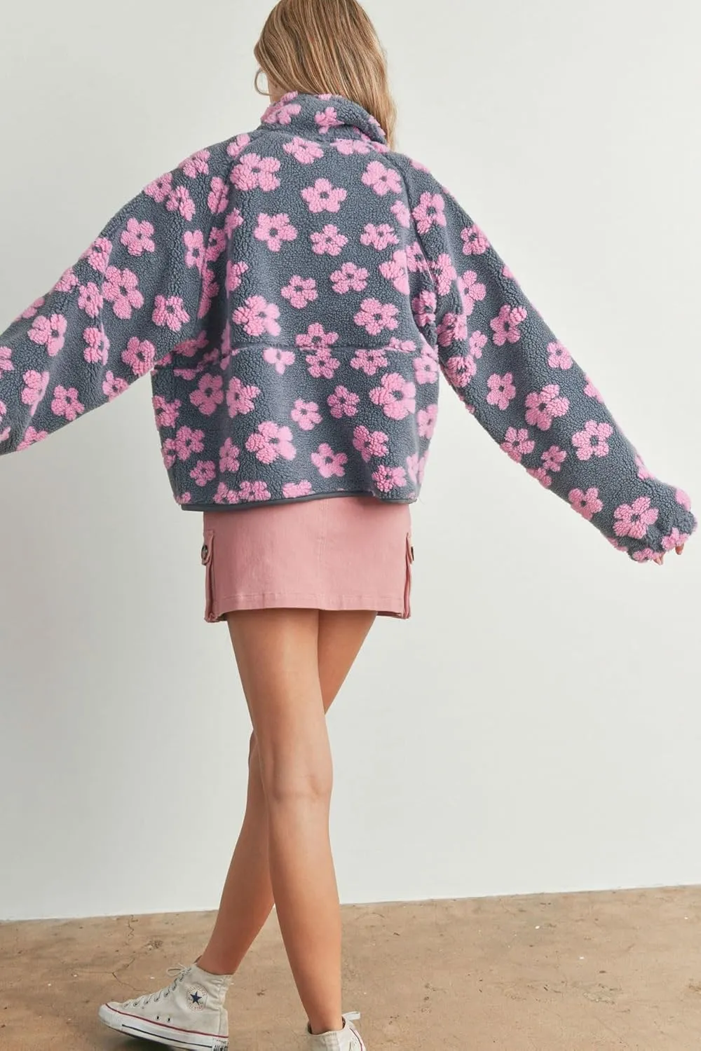 chouyatou Women's Fall Winter Casual Cute Floral Fleece Jacket Fuzzy Zip Up Sherpa Jacket Faux Fur Coat