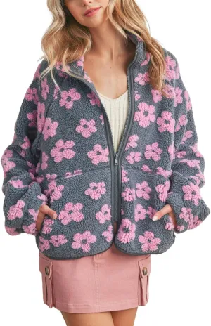 chouyatou Women's Fall Winter Casual Cute Floral Fleece Jacket Fuzzy Zip Up Sherpa Jacket Faux Fur Coat
