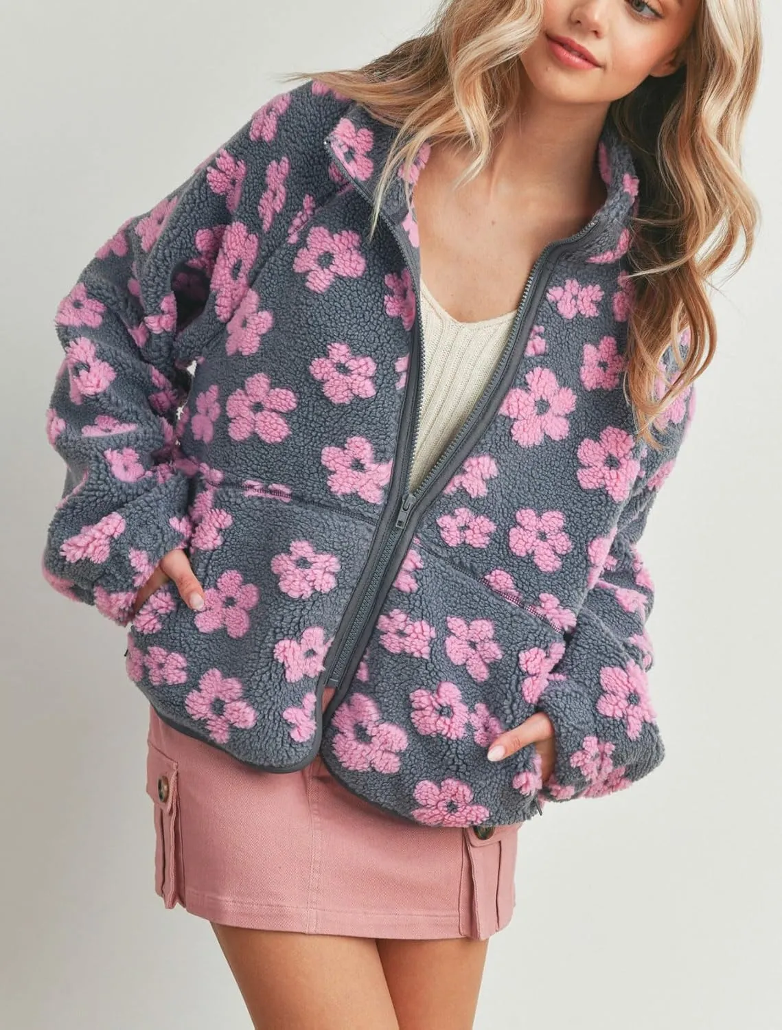 chouyatou Women's Fall Winter Casual Cute Floral Fleece Jacket Fuzzy Zip Up Sherpa Jacket Faux Fur Coat