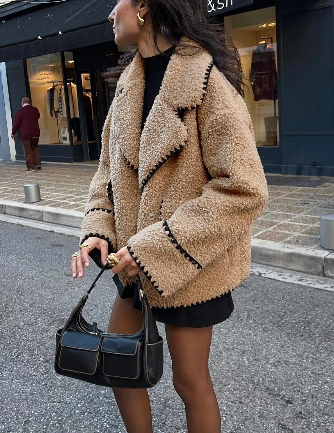 chouyatou Women's Winter Casual Embroidered Sherpa Jacket Notch Lapel Fuzzy Faux Fur Fleece Jacket Coat