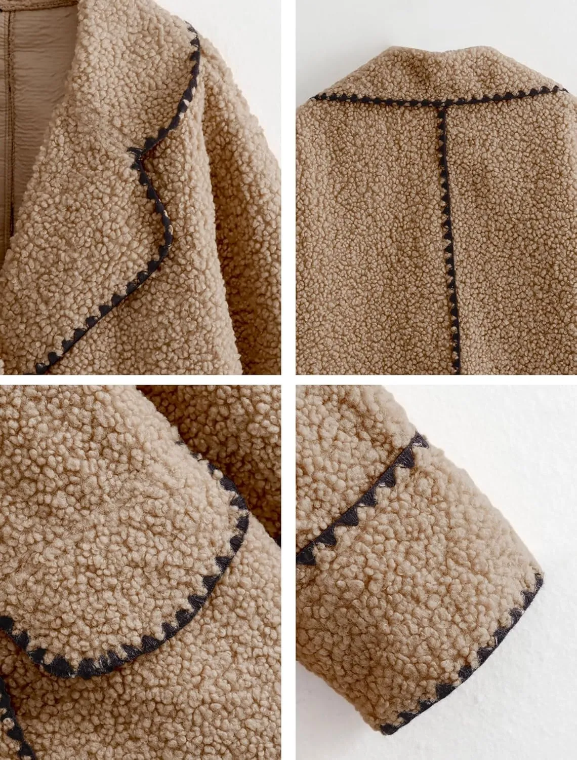 chouyatou Women's Winter Casual Embroidered Sherpa Jacket Notch Lapel Fuzzy Faux Fur Fleece Jacket Coat
