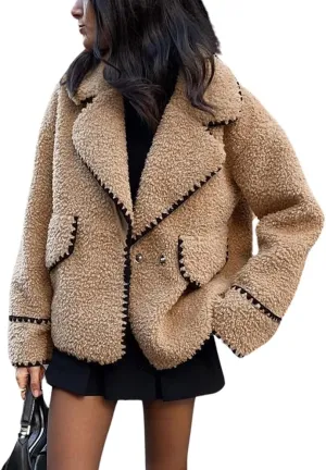 chouyatou Women's Winter Casual Embroidered Sherpa Jacket Notch Lapel Fuzzy Faux Fur Fleece Jacket Coat