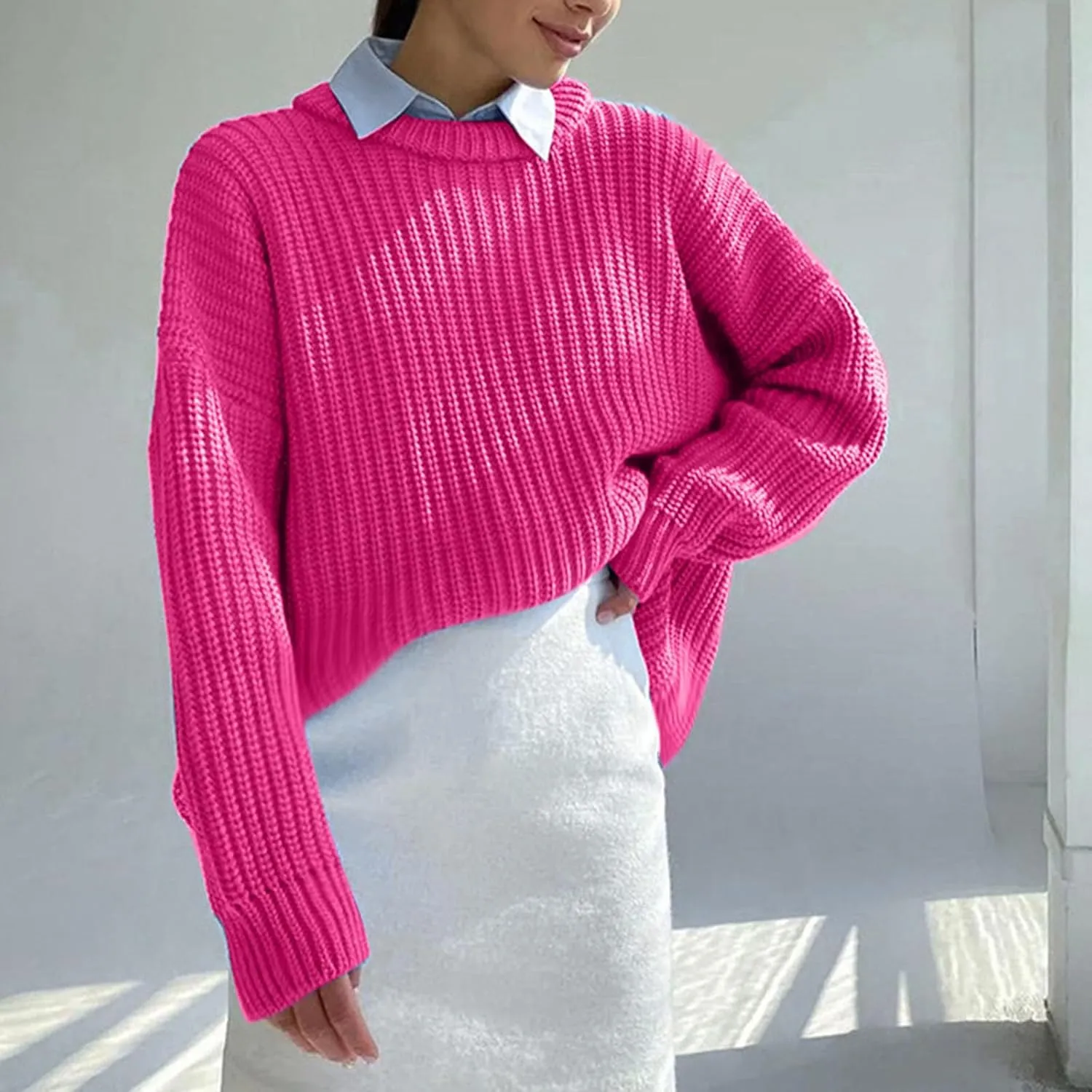 Chunky Knit Winter Sweater for Women Casual Loose Oversized Long Sleeve Crewneck Pullover Sweaters Jumper Tops