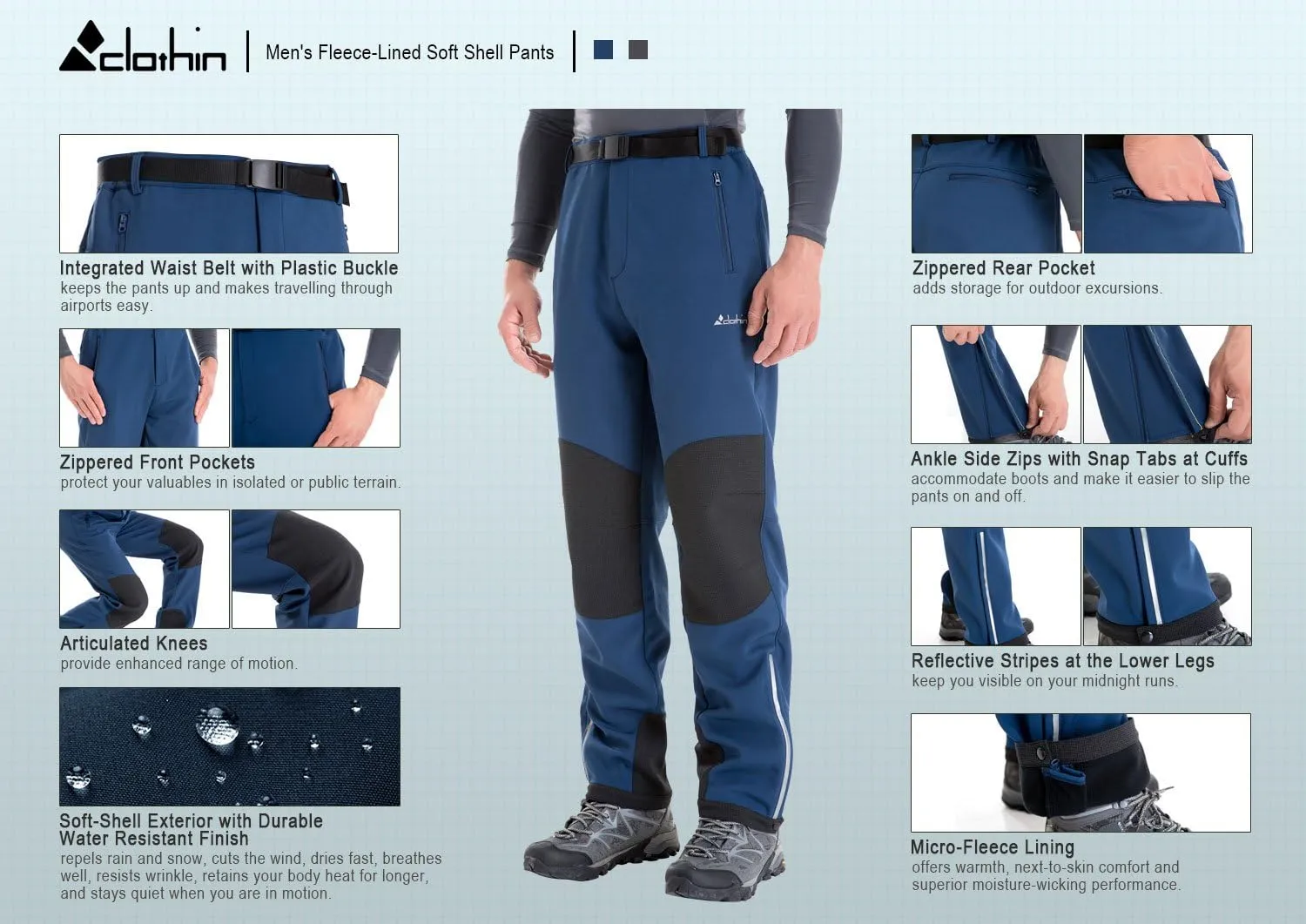 clothin Men's Insulated Pants Fleece Lined Snow Pants Softshell Water and Wind-Resistant