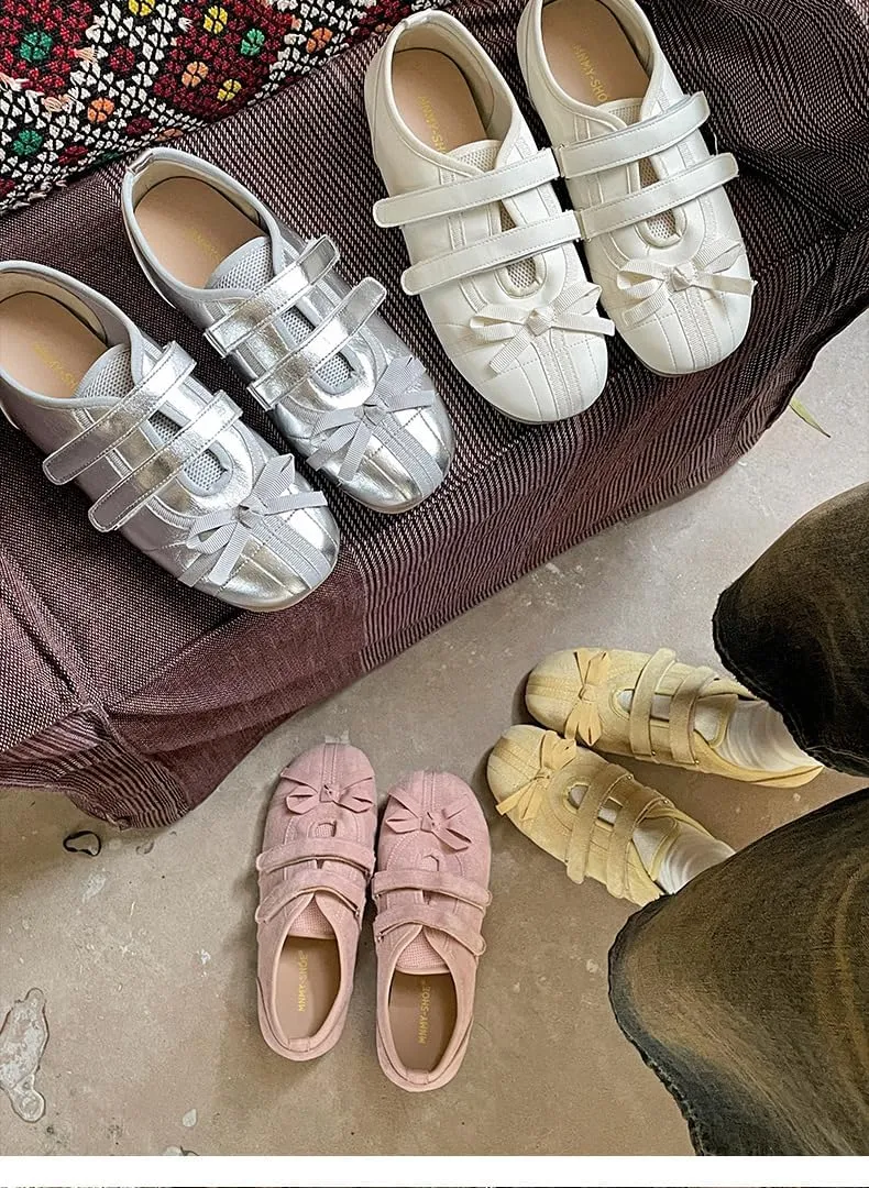 Comfort Wear Shoes Bows Ballet Sneakers for Women Round Toe Sneakerina Athleisure Lolita Flats Cute Y2K Retro Kawaii Elegant Dressy Fashion Trendy Tennis Trainers Back to School Spring Summer Outdoors