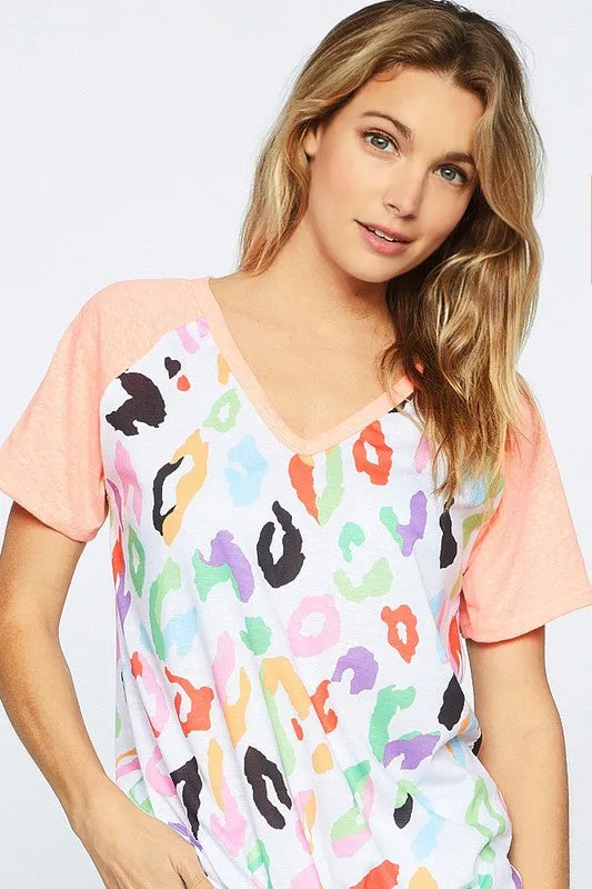 Coral Multi Color Leopard Print V-Neck Top