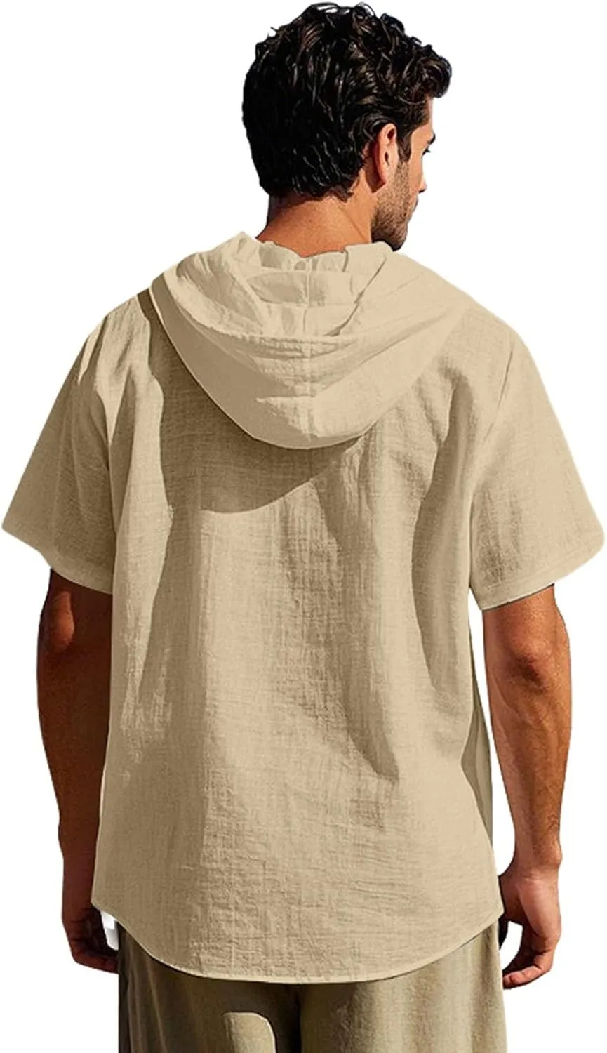Cotton Linen Hoodie for Men Summer Hooded Sleeve Sleeve Button Down Beach Hippie Shirt Casual Lightweight Soft Tops