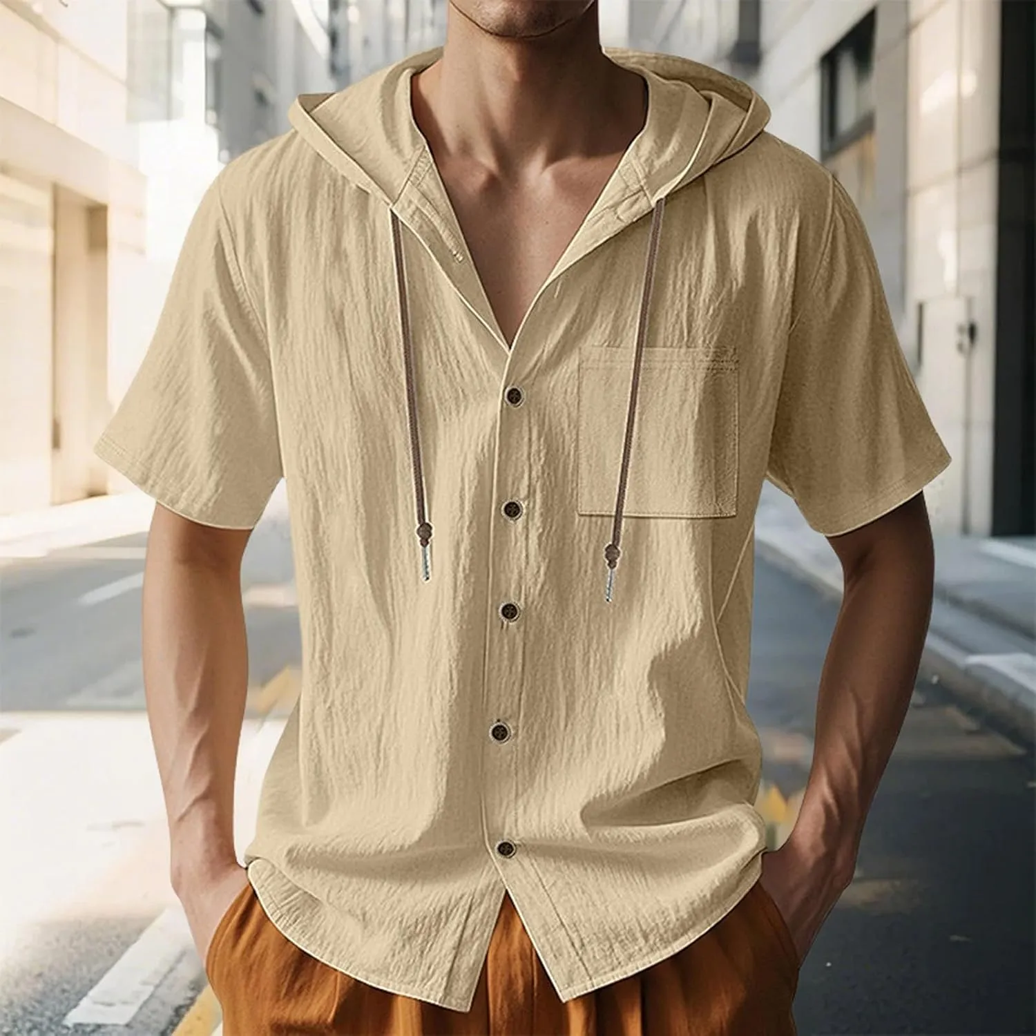 Cotton Linen Hoodie for Men Summer Hooded Sleeve Sleeve Button Down Beach Hippie Shirt Casual Lightweight Soft Tops