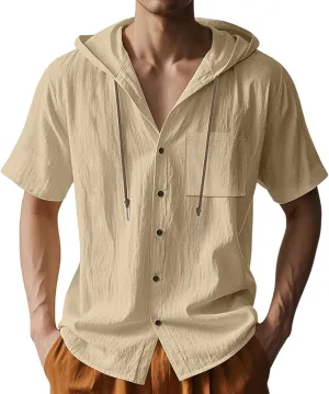 Cotton Linen Hoodie for Men Summer Hooded Sleeve Sleeve Button Down Beach Hippie Shirt Casual Lightweight Soft Tops