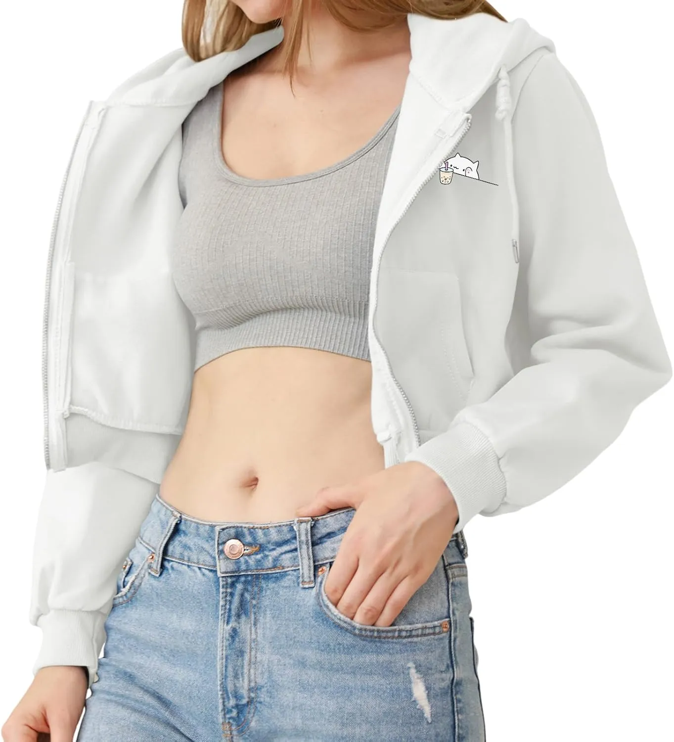 Cute Cropped Zip Up Hoodie for Teen Girls Cartoon Cat Graphic Kawaii Aesthetic Pockets Hooded Sweatshirts Jackets