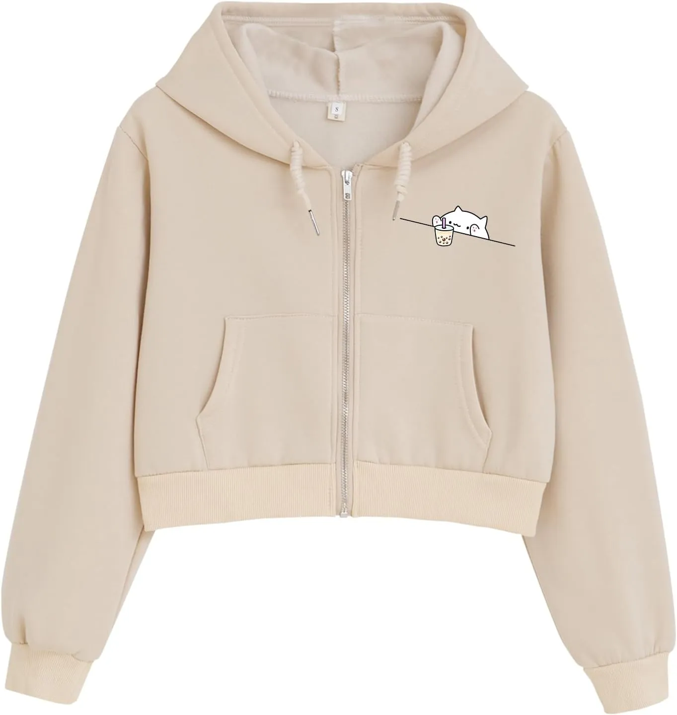 Cute Cropped Zip Up Hoodie for Teen Girls Cartoon Cat Graphic Kawaii Aesthetic Pockets Hooded Sweatshirts Jackets