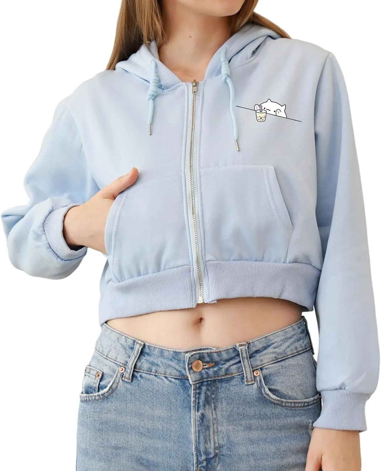 Cute Cropped Zip Up Hoodie for Teen Girls Cartoon Cat Graphic Kawaii Aesthetic Pockets Hooded Sweatshirts Jackets