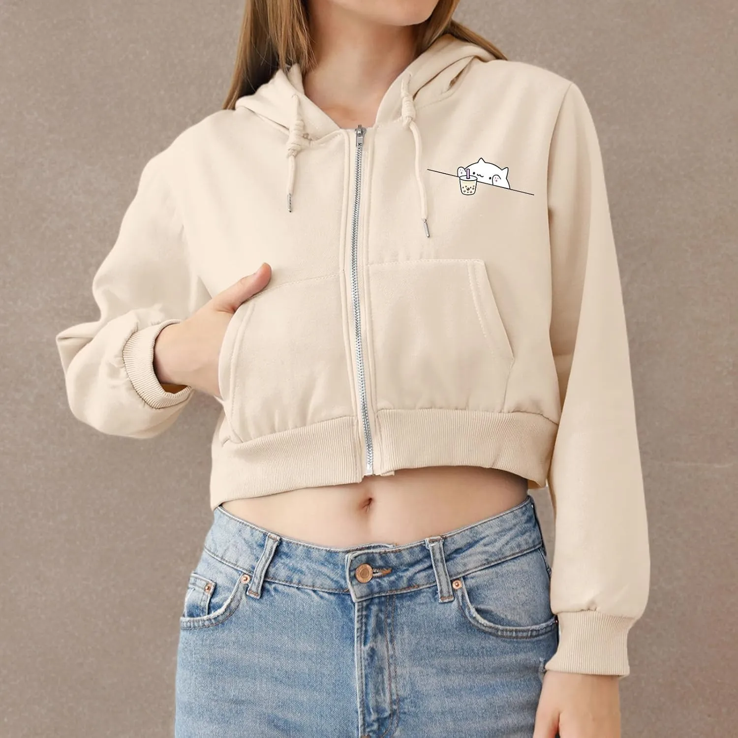 Cute Cropped Zip Up Hoodie for Teen Girls Cartoon Cat Graphic Kawaii Aesthetic Pockets Hooded Sweatshirts Jackets
