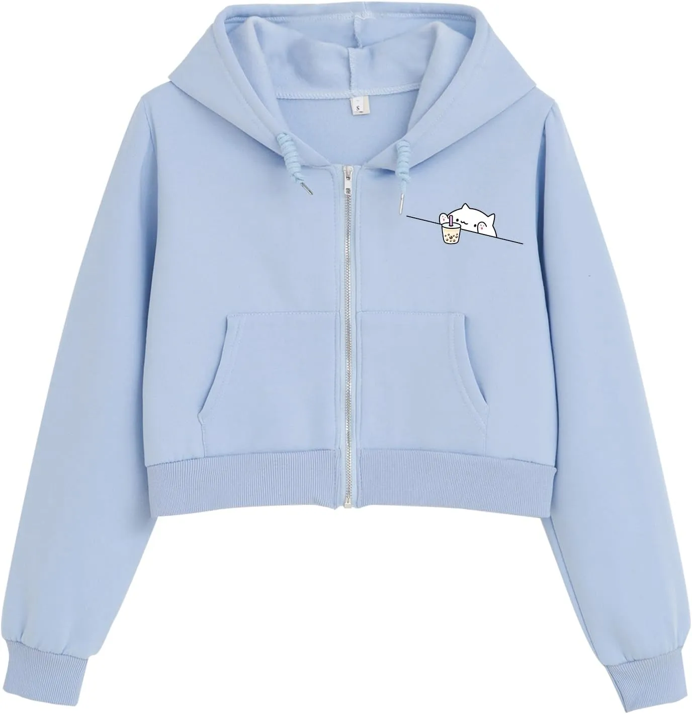 Cute Cropped Zip Up Hoodie for Teen Girls Cartoon Cat Graphic Kawaii Aesthetic Pockets Hooded Sweatshirts Jackets