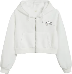 Cute Cropped Zip Up Hoodie for Teen Girls Cartoon Cat Graphic Kawaii Aesthetic Pockets Hooded Sweatshirts Jackets