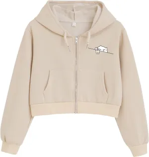Cute Cropped Zip Up Hoodie for Teen Girls Cartoon Cat Graphic Kawaii Aesthetic Pockets Hooded Sweatshirts Jackets