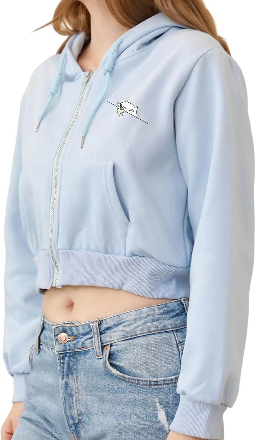 Cute Cropped Zip Up Hoodie for Teen Girls Cartoon Cat Graphic Kawaii Aesthetic Pockets Hooded Sweatshirts Jackets