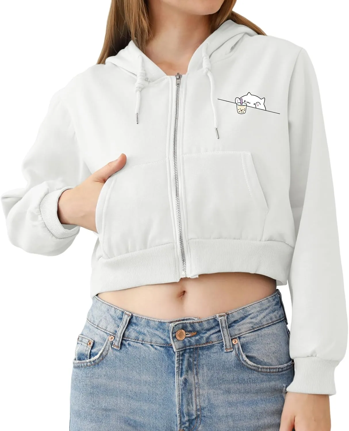 Cute Cropped Zip Up Hoodie for Teen Girls Cartoon Cat Graphic Kawaii Aesthetic Pockets Hooded Sweatshirts Jackets