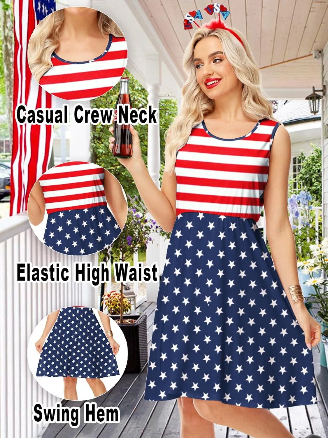 Deerose 4th of July Dress for Women Sleeveless American Flag Patriotic Elastic High Waist Sundress