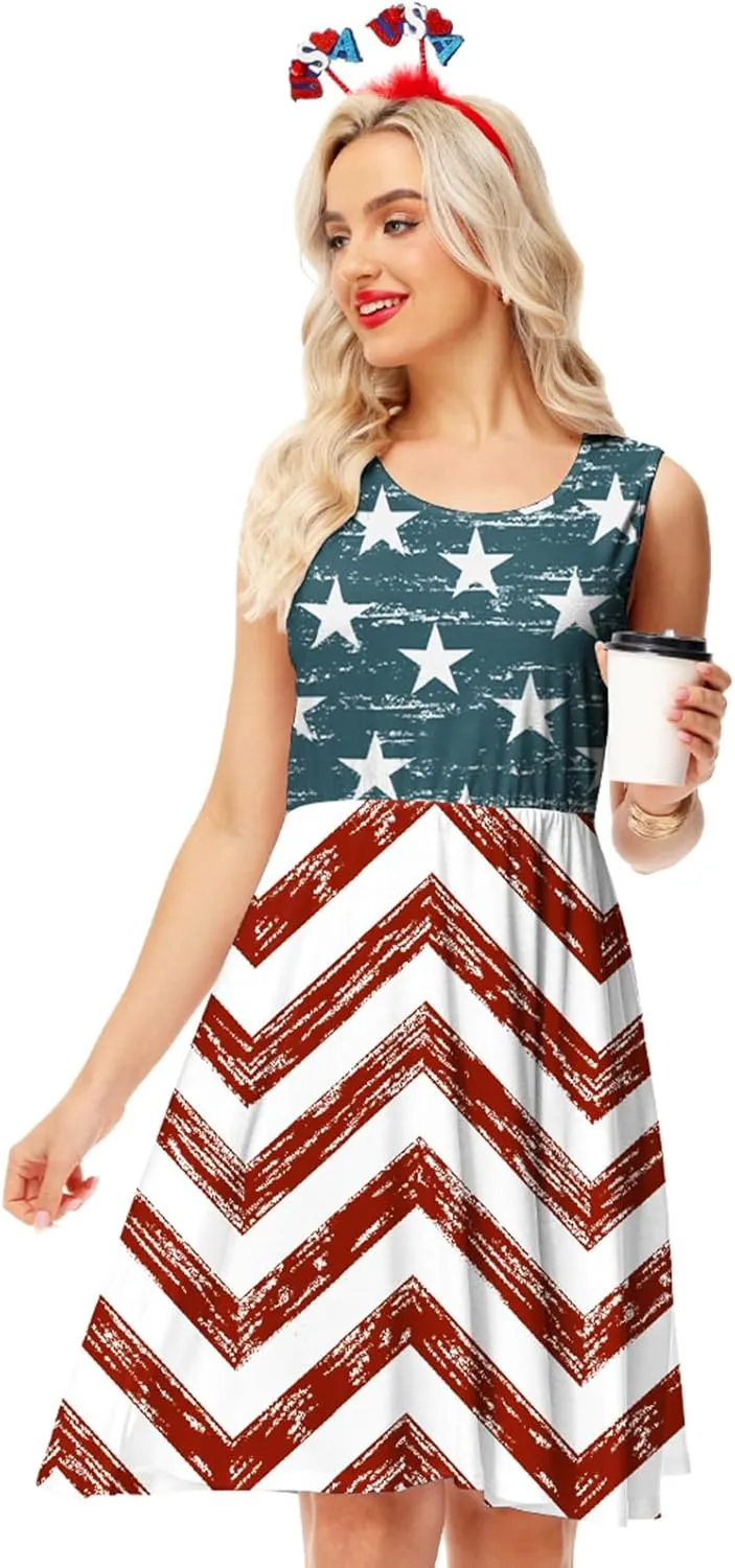 Deerose 4th of July Dress for Women Sleeveless American Flag Patriotic Elastic High Waist Sundress