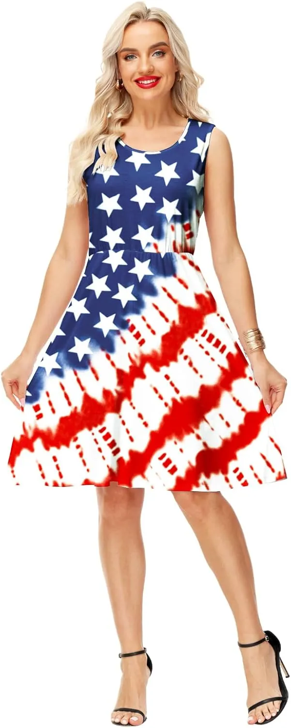 Deerose 4th of July Dress for Women Sleeveless American Flag Patriotic Elastic High Waist Sundress