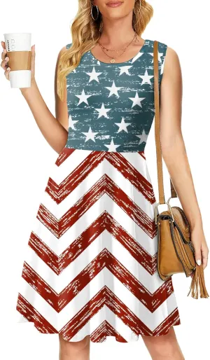 Deerose 4th of July Dress for Women Sleeveless American Flag Patriotic Elastic High Waist Sundress